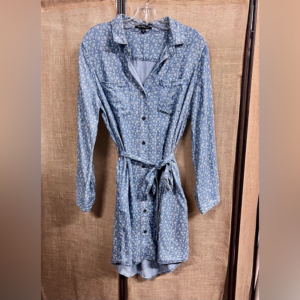 Velvet Heart Tencel Blue Floral Shirt Dress Pockets Tie Waist Sz M